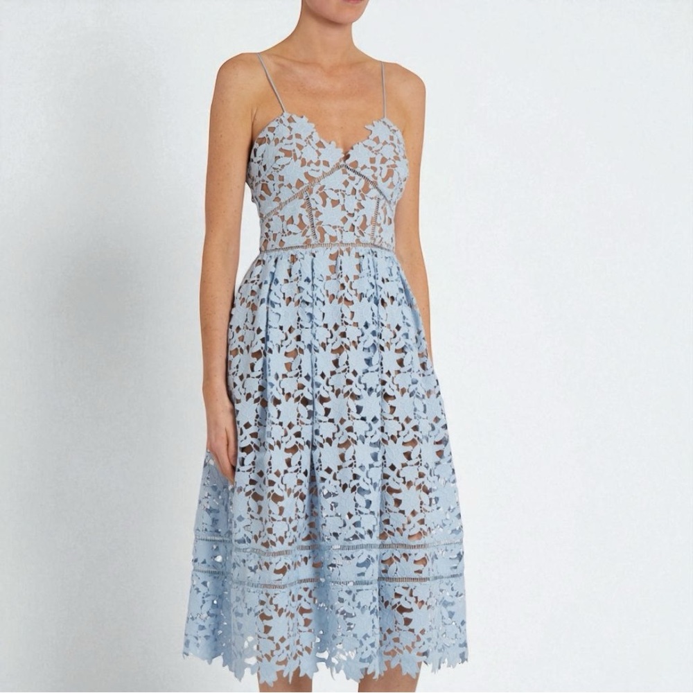 Self-Portrait Light Blue Floral Lace Midi Dress Size 4 Like New